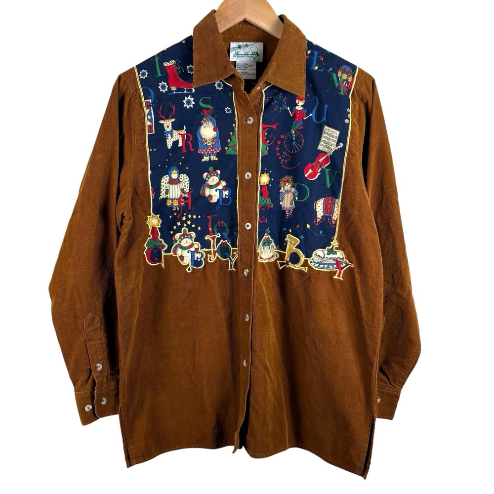 QUACKER FACTORY Appliqué Christmas Corduroy Shirt Size S Brown Button Up Top